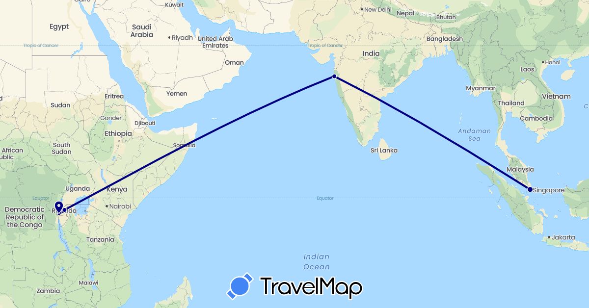 TravelMap itinerary: driving in India, Rwanda, Singapore (Africa, Asia)